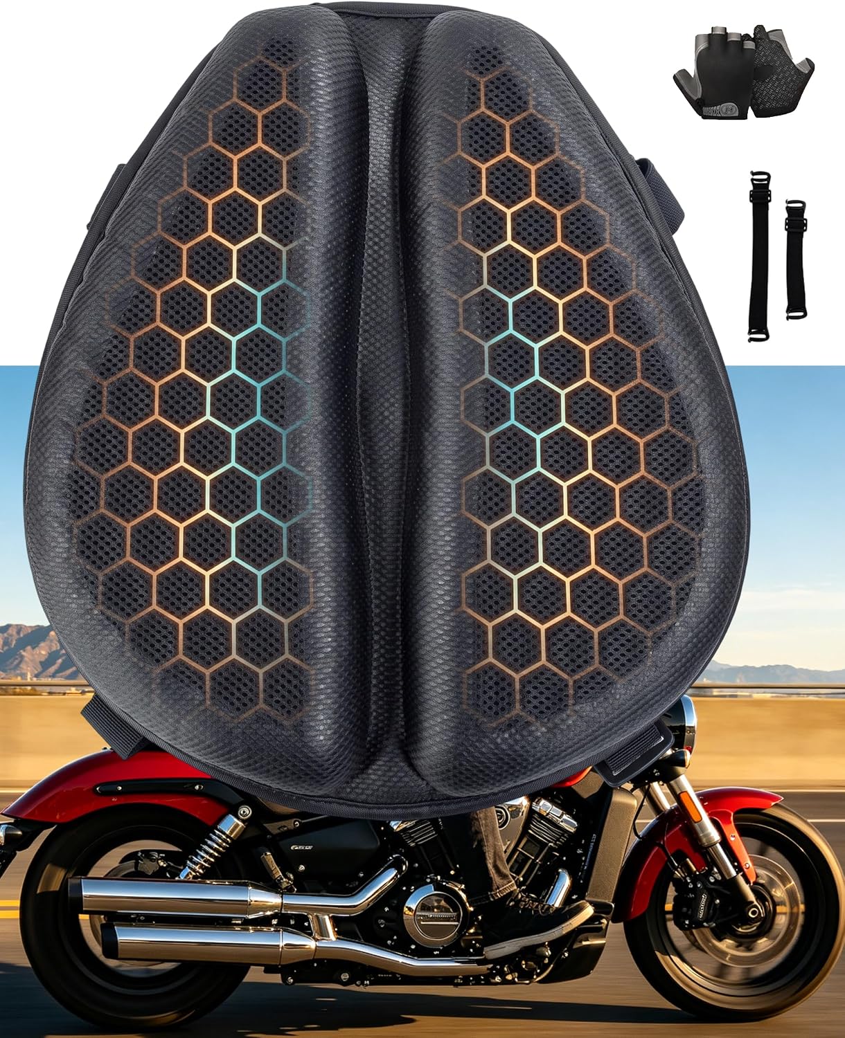 Motorcycle Seat Cushion, Hex Rider 3D Honeycomb Cushion | Tailbone Cutout Pressure Relief Cooling Seat Pad Protect Sensitive Areas Universal Shock Absorbing Non‑Slip for Long Distance