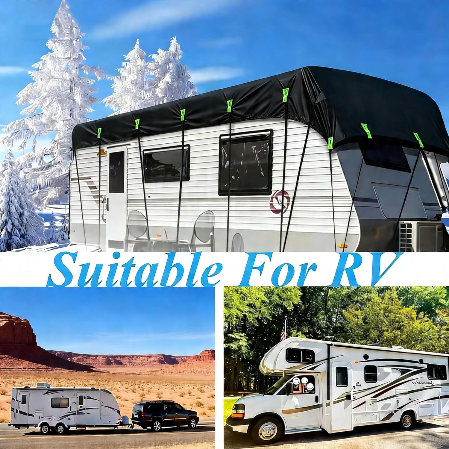 600D Heavy-Duty Wide Width RV Roof Cover — Featuring Reflective Strips,Camper roof Cover, Waterproof UV Resistant, Travel Trailers, Class C/B/A Motorhomes, Popup & Truck Campers,RVs, Black 8.5m*3.3m