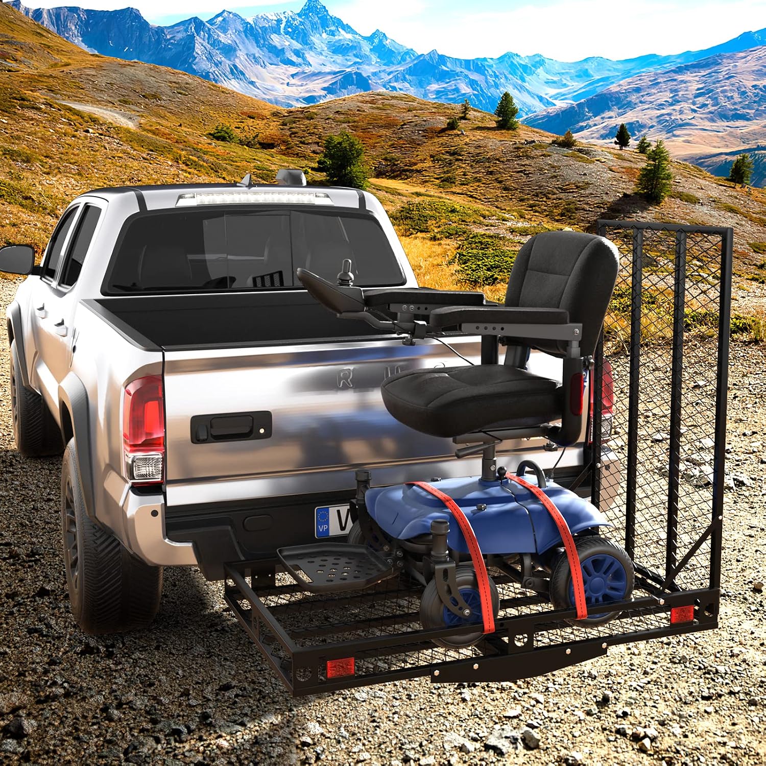 Goplus Mobility Scooter Carrier, 50” x 29.5” Folding Wheelchair Carrier for Car with 42” Ramp, Stabilizer & 2 Tie Down Straps, 500 LBS, Fit 2" Hitch Receiver, Hitch Cargo Carrier for SUV Car
