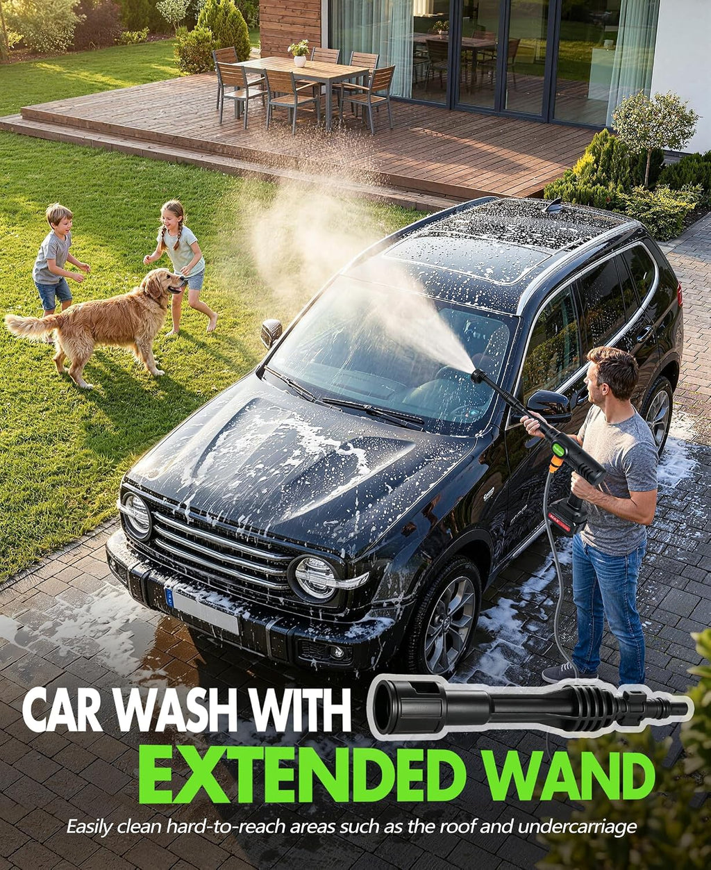 PoolLeader Cordless Car Washing Tool, Portable Vehicle Cleaner with 6-in-1 Nozzle & Foam Cannon, Battery Operated Cordless Car Wash Spray, Handheld Wash Machine for Car, Patio, Home - Lime Green