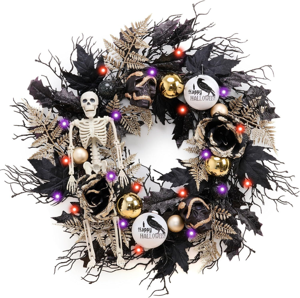 DecorbyHannah 24'' Skeleton Halloween Wreath with Lights for Front Door