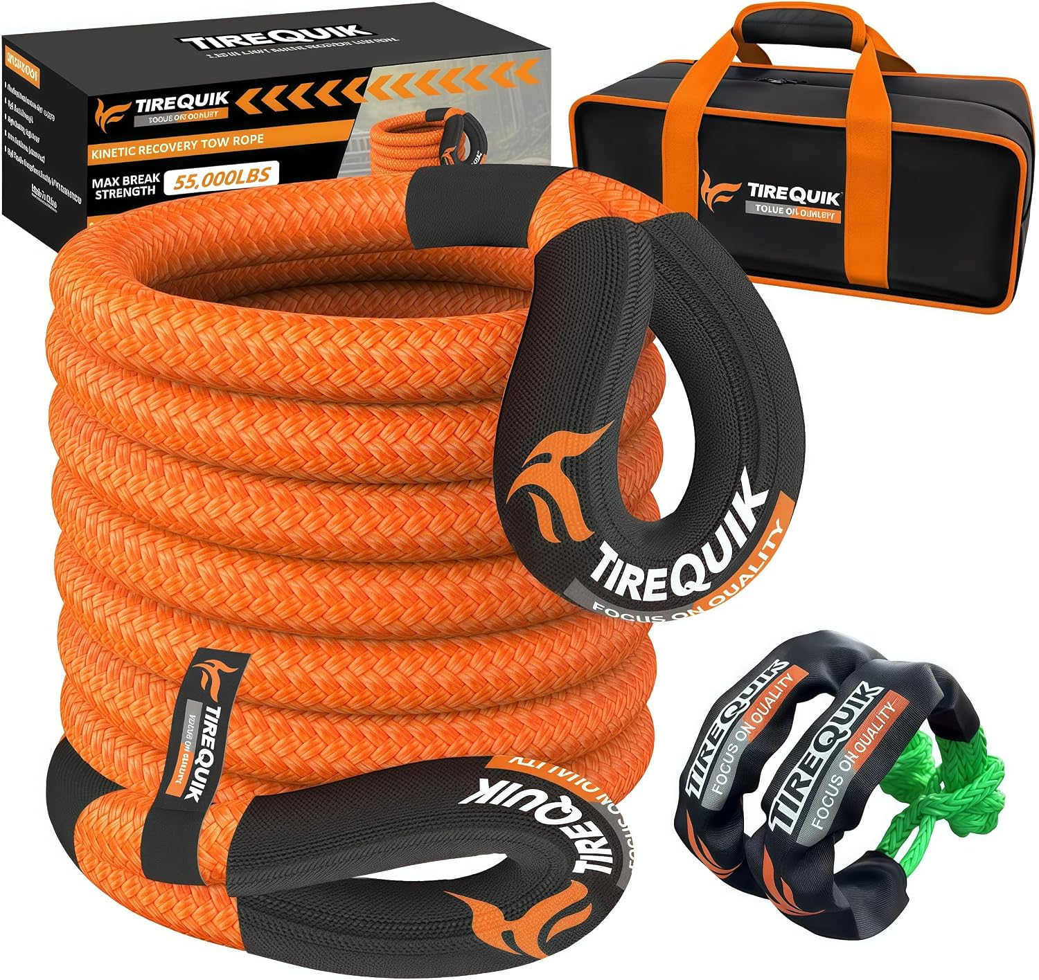 Kinetic Recovery Rope (1" x 30ft 48500lbs), Kinetic Tow Rope Recovery Kit with 2 Soft Shackles, Heavy Duty Offroad Snatch Strap, 35% Elasticity Tow Ropes for Trucks SUV UTV ATV Jeep Tractor