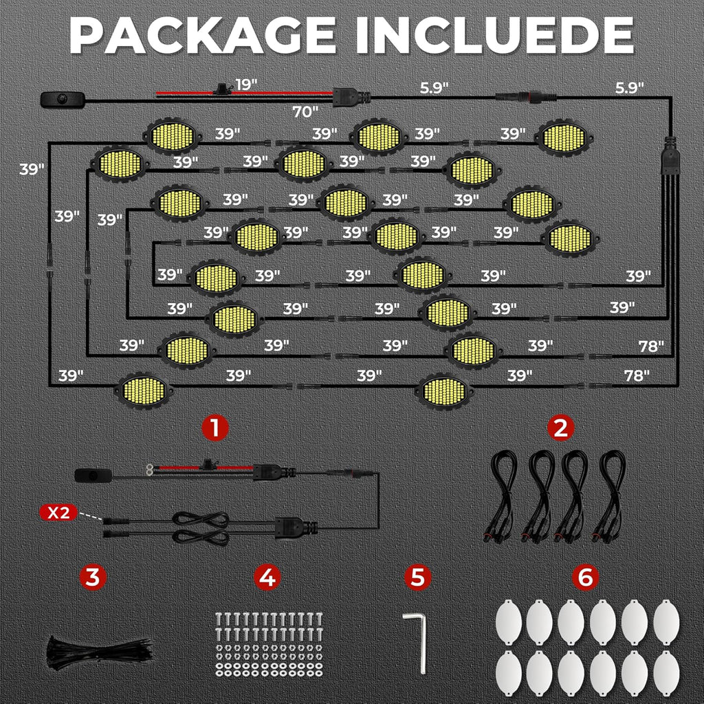 20 Pods Aluminum 1860LEDs Super Bright White Rock Lights with Switch Wiring Harness, Metal Underglow Light Waterproof Led Lights for Trucks Jeep ATV UTV SUV,Plug and Play, Easy to Install(Patented)