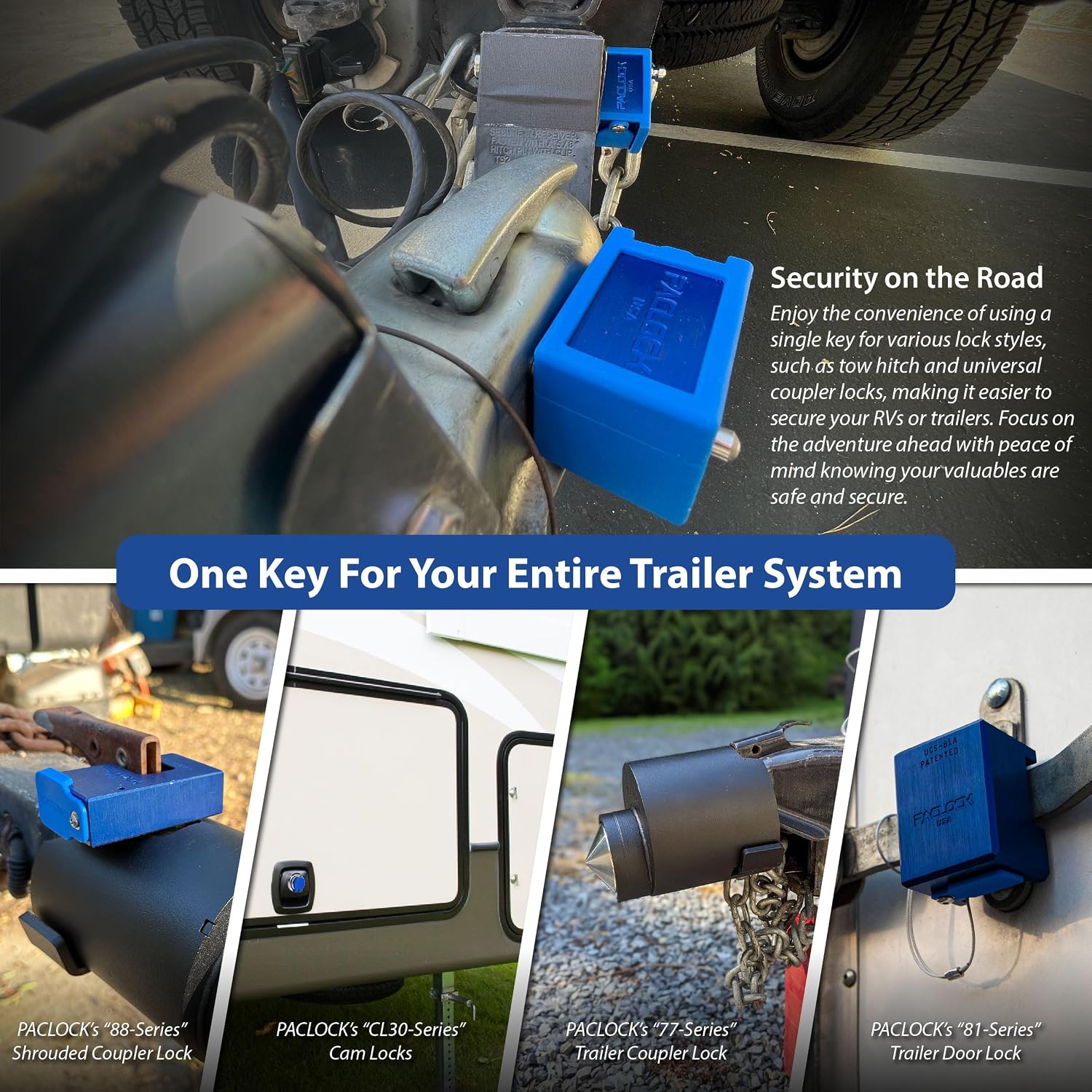 PACLOCK's 80-Series Trailer Hitch Lock, UCS, 250" Pin for 2-1/2" Receivers, High Performance 6-Pin Cylinder, One Lock Keyed to a Number U-Pick! w/ 2 Keys, Blue