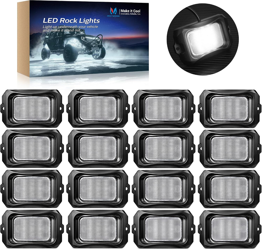 MICTUNING C2 Curved White Rock Lights - 16 Pods Underglow Lights Compatible for Car Truck Offroad Boat, IP68 Waterproof