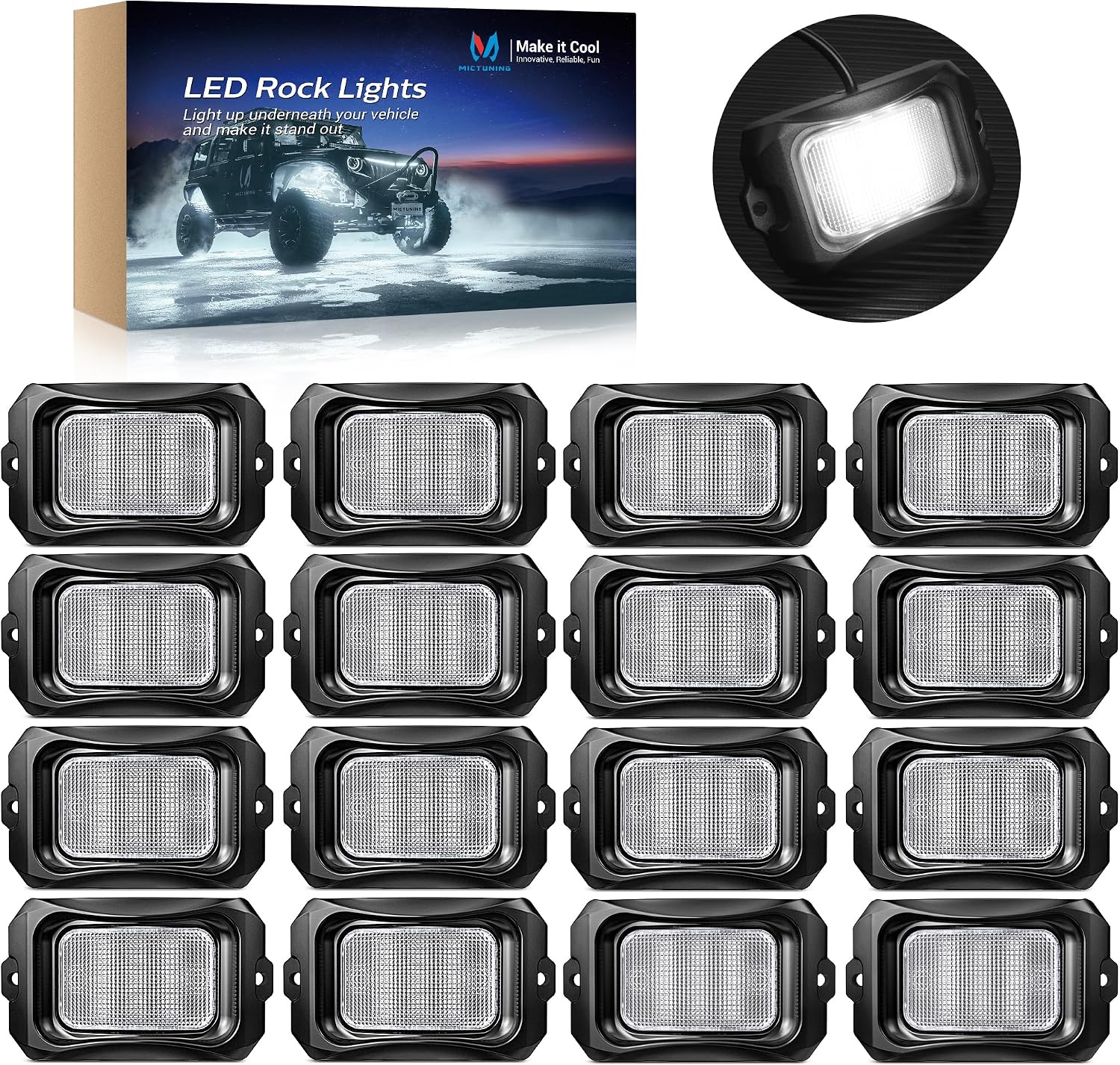 MICTUNING C2 Curved White Rock Lights - 16 Pods Underglow Lights Compatible for Car Truck Offroad Boat, IP68 Waterproof