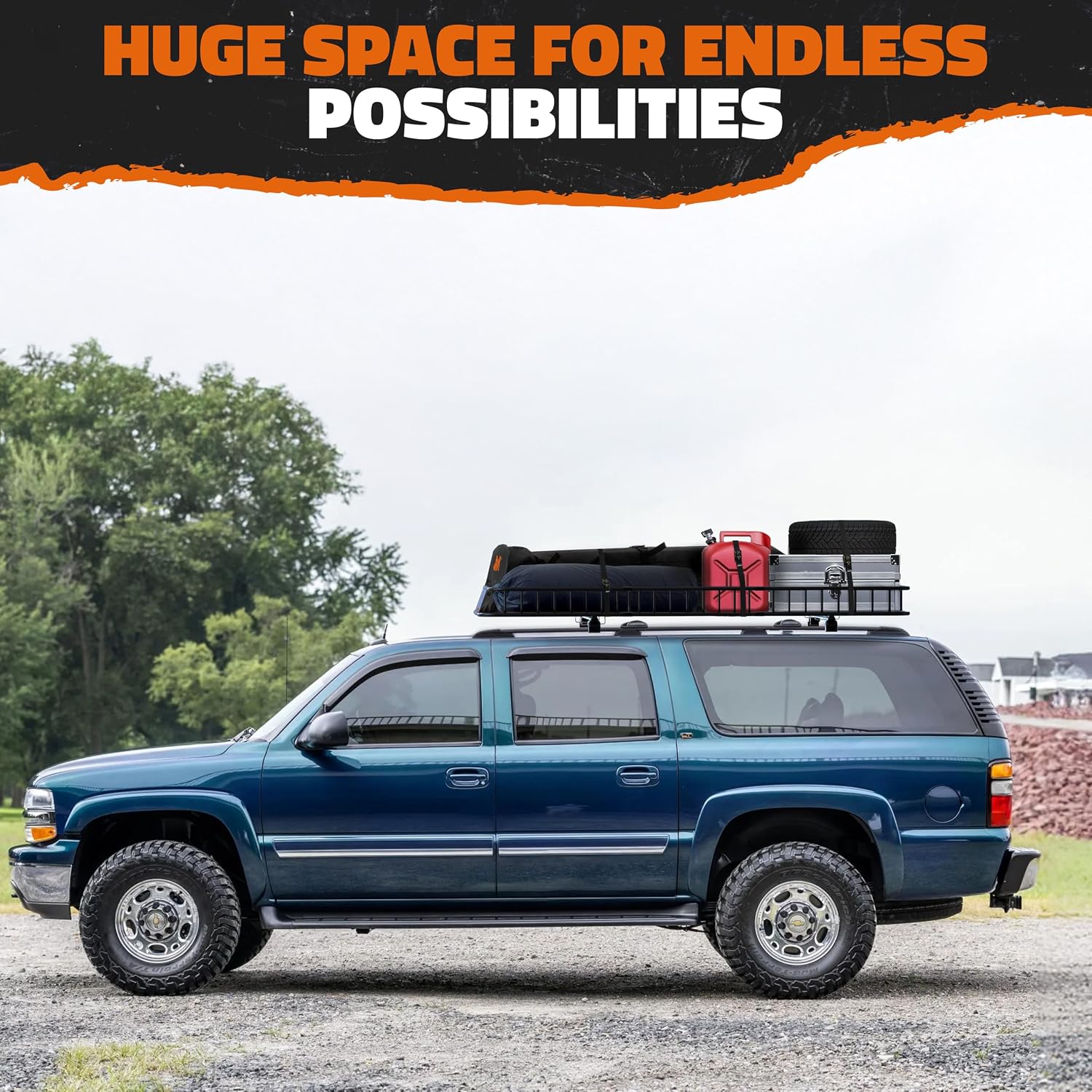 Mockins 90"x50"x6" XXL Heavy Duty Roof Rack Cargo Basket 2-Size Extendable | 250 Lbs Cap Steel Luggage Carrier for Car Rooftop Set w/ Straps| All-Weather Roof Cargo Carrier for SUV, RV, & Large Vehicles