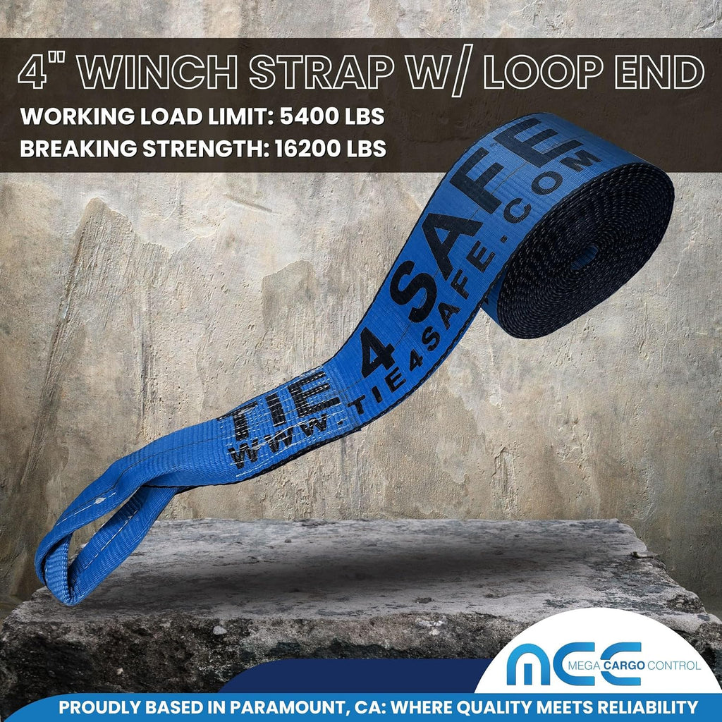 Mega Cargo Control 4" Flatbed Winch Straps with Loop Ends - 5,400 Lbs WLL Heavy Duty Tie Downs (4 Pack) 30' Long Blue Webbing