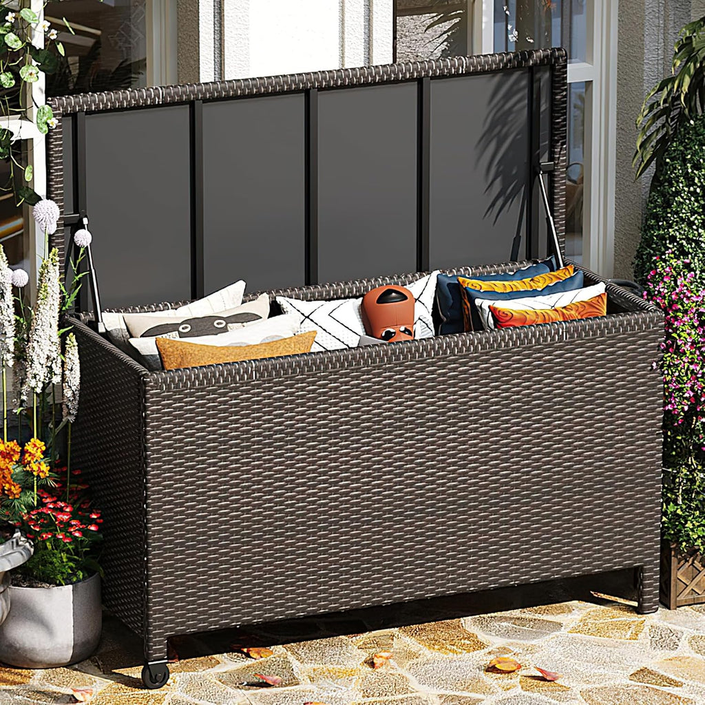 wicker deck box, 185 gallon all-weather outdoor storage, main product view
