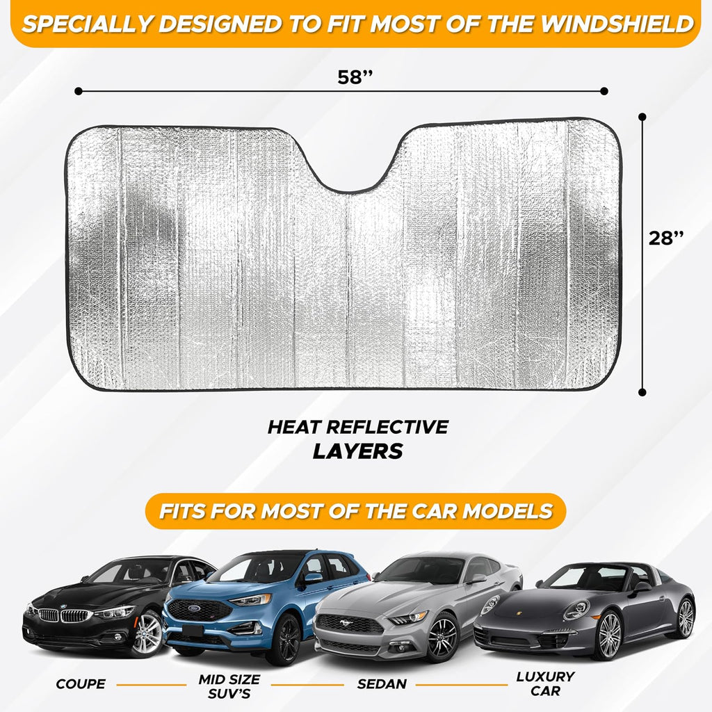 EcoNour Accordion Foldable Windshield Sun Shade | Premium Reflective Sun Visor for SUVs & Pickups Windshields | UV & Heat Reflective Sunshade with Durable Dual-Layer Design | Large (58 x 28)
