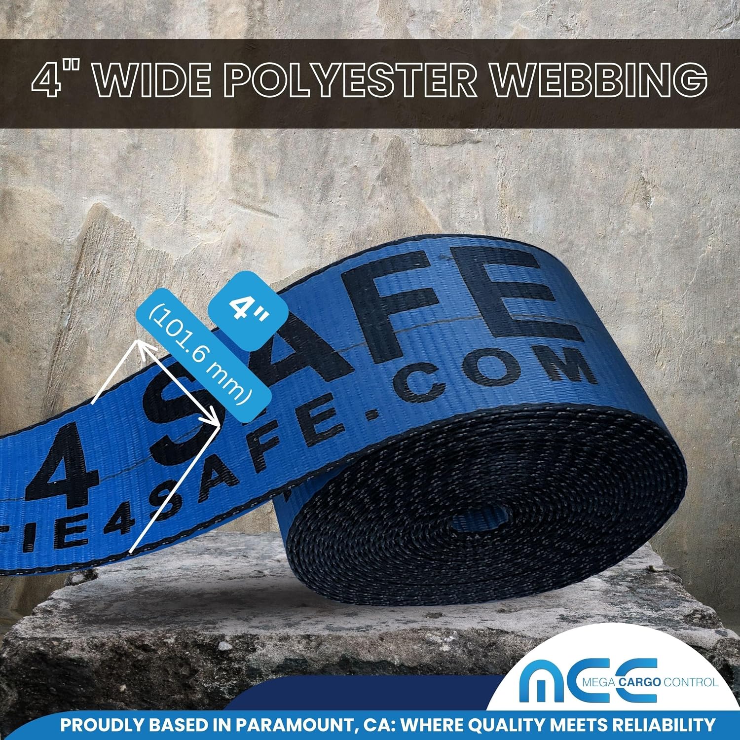 Mega Cargo Control 4" Flatbed Winch Straps with Loop Ends - 5,400 Lbs WLL Heavy Duty Tie Downs (4 Pack) 30' Long Blue Webbing