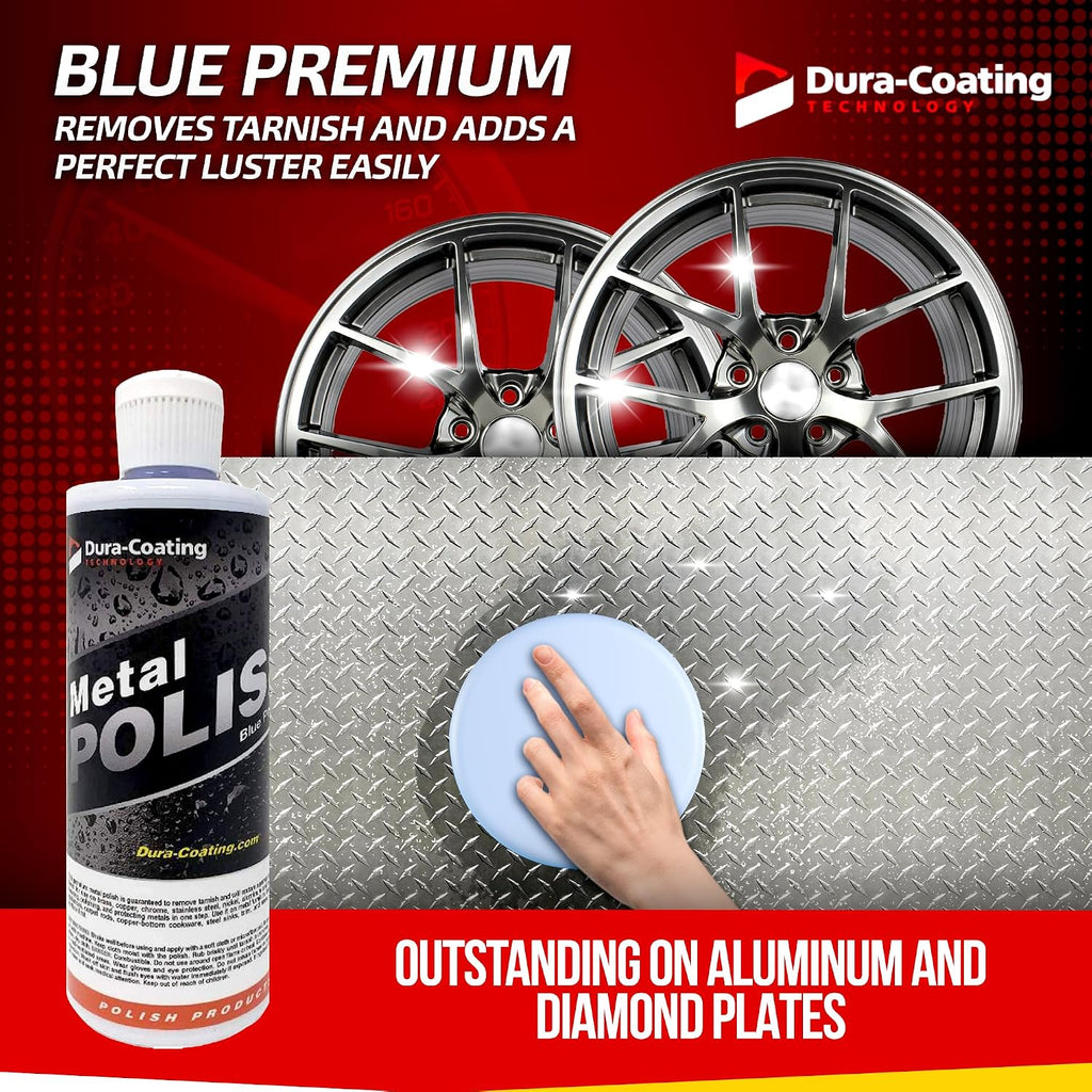 DURA-COATING TECHNOLOGY, Blue Premium Metal Polish - Perfect for Aluminum Wheels, Diamond Plate, Stainless Steel, Copper, Brass, & Nickel - 16oz Polish + 16oz Wheely Clean (Wheel and Tire Cleaner)