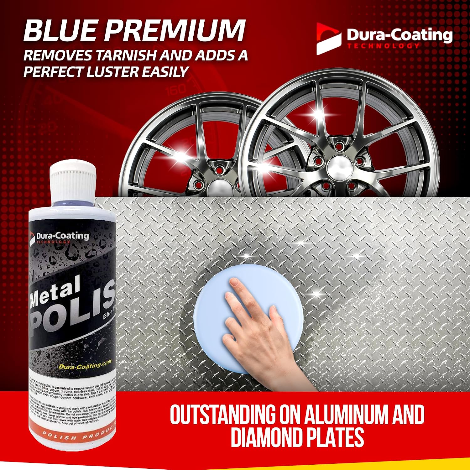 DURA-COATING TECHNOLOGY, Blue Premium Metal Polish - Perfect for Aluminum Wheels, Diamond Plate, Stainless Steel, Copper, Brass, & Nickel - 16oz Polish + 16oz Wheely Clean (Wheel and Tire Cleaner)