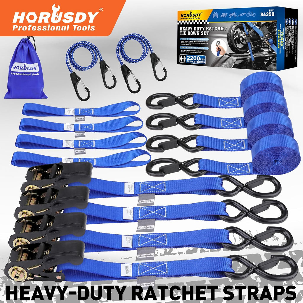 Ratchet Straps Heavy Duty, Tie Down Straps Ratchet Set, 2200 LB Break Strength, Safety Lock S Hooks, Best for Moving, Securing Cargo, Kayaks, Mountain (4 Pack)