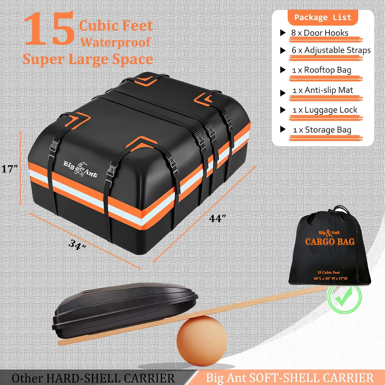 Big Ant Car Rooftop Cargo Carrier Bag, 15 Cubic Feet Waterproof Heavy Duty 840D Car Roof Bag for All Vehicle with/Without Rack - Includes Anti-Slip Mat, 8 Door Hooks, 2 Extra Straps, Luggage Lock