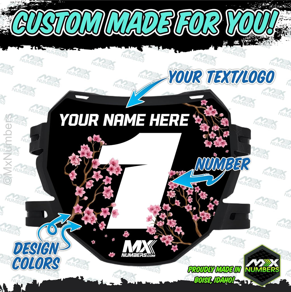 MxNumbers- Custom ODI Downhill Plate Decal, Personalized Name Number and Colors, Race Graphics for Mountain and Electric Bikes, Uncanned Energy Design Series (Sakura Cherry Blossom)