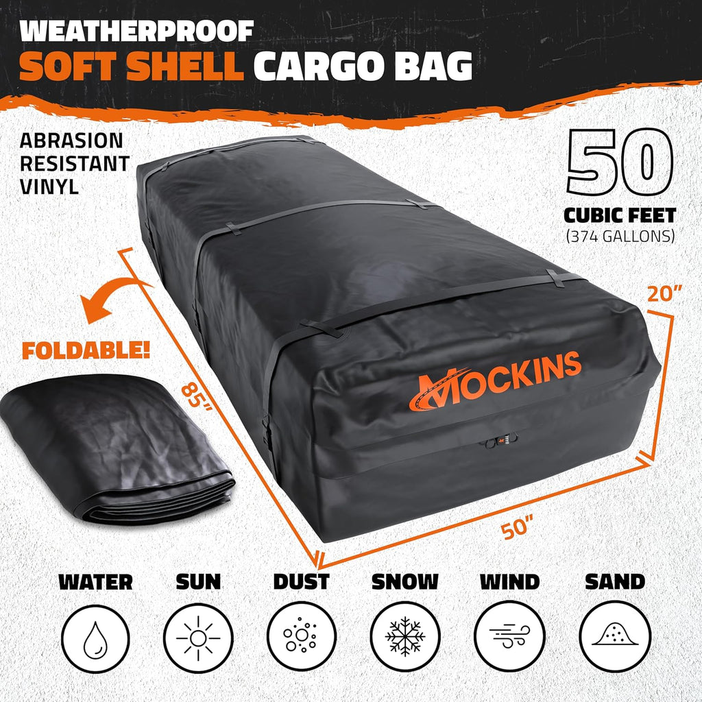 Mockins XXL 50 CuFt Heavy Duty Car Rooftop Cargo Carrier Bag 85"x50"x20" | Massive Car Luggage Roof Carrier Bag | All-Weather 840D Vinyl Vehicle Soft-Shell Carriers with Mat, Lock, Straps & Hooks