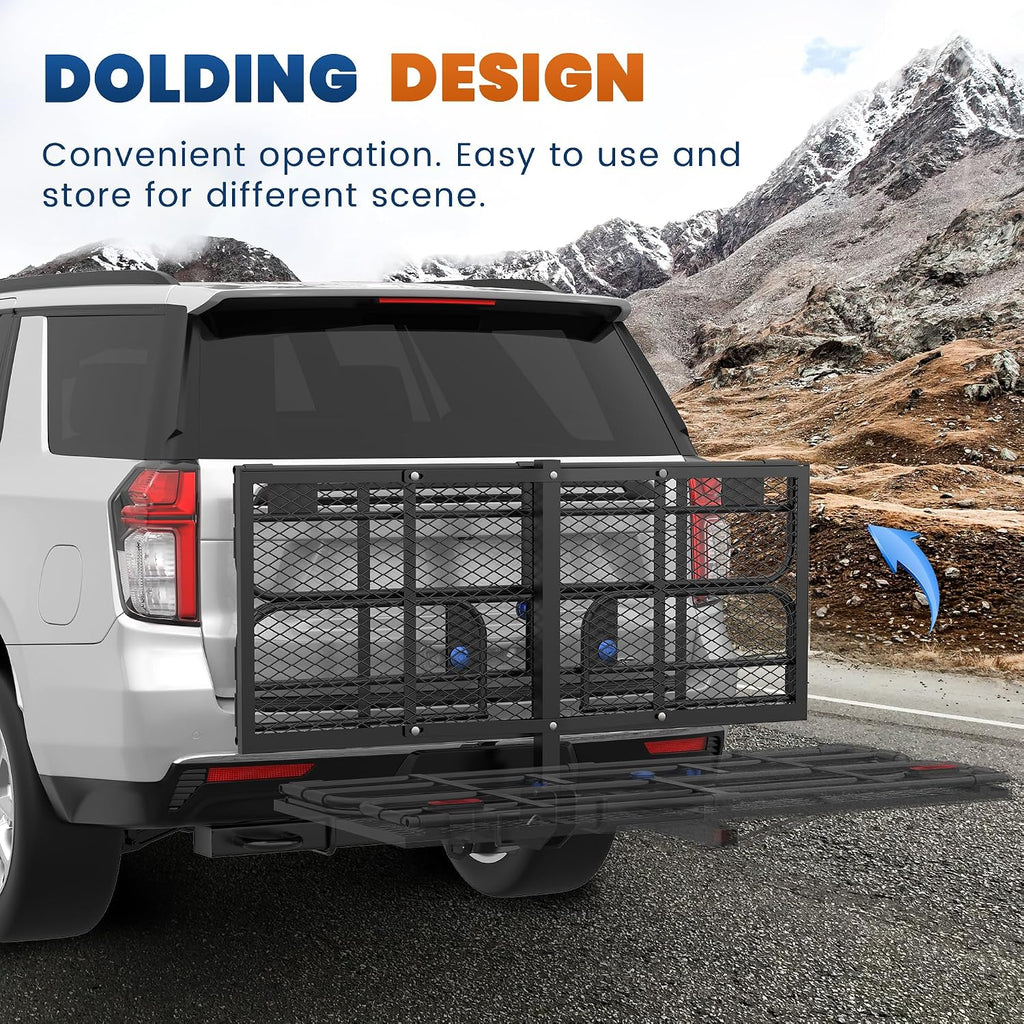 KUIPERAUTO 60" x 24" x 14" Folding Rack Hitch Mount Cargo Carrier 500 Lbs, 2" Hitch Receiver, Button Lock Luggage Basket Heavy Duty Hitch Rear Trailer Cargo Rack Compatible for SUV Truck Pickup