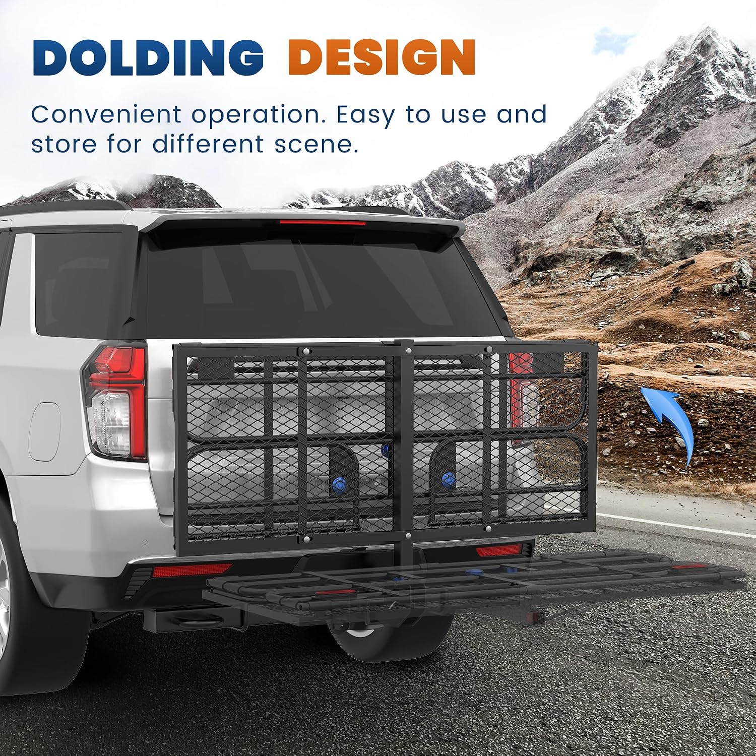 KUIPERAUTO 60" x 24" x 14" Folding Rack Hitch Mount Cargo Carrier 500 Lbs, 2" Hitch Receiver, Button Lock Luggage Basket Heavy Duty Hitch Rear Trailer Cargo Rack Compatible for SUV Truck Pickup