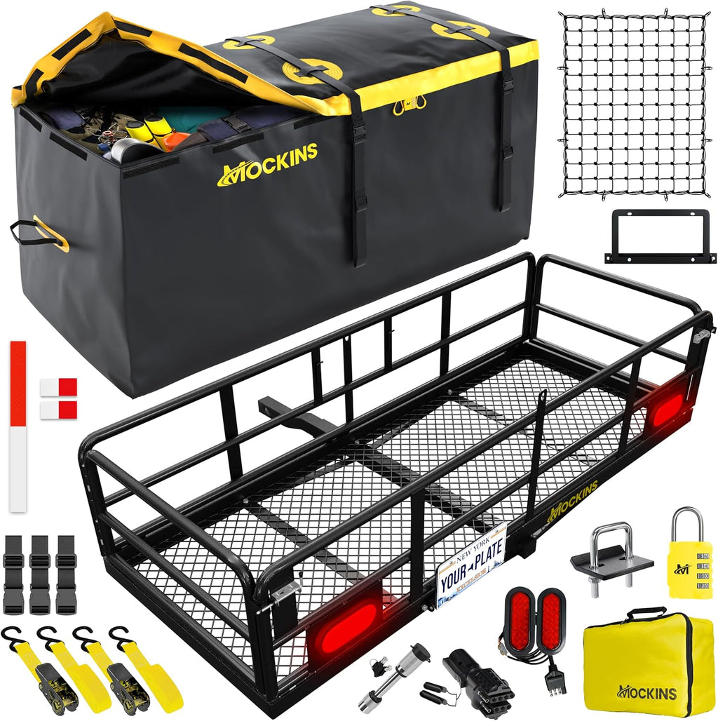 Mockins 60"x24"x14" High Rail Trailer Hitch Cargo Carrier with Rear Lights | Includes 30 CuFt Cargo Bag for Hitch Carrier & Plate Bracket | 500 Lbs Capacity All-Weather Luggage Rack for SUV Car Truck RV
