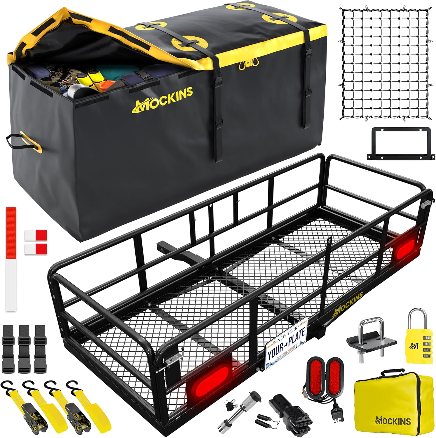 Mockins 60"x24"x14" High Rail Trailer Hitch Cargo Carrier with Rear Lights | Includes 30 CuFt Cargo Bag for Hitch Carrier & Plate Bracket | 500 Lbs Capacity All-Weather Luggage Rack for SUV Car Truck RV