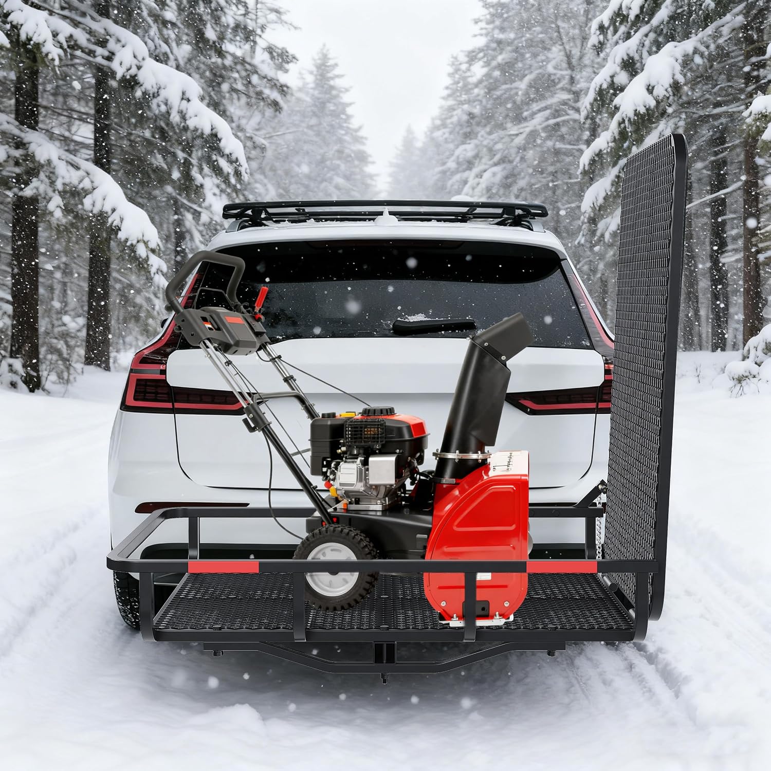 ECOTRIC Hitch Mount Wheelchair Carrier with Mobility Ramp for Wheelchair | Scooter Lawn Mower Snow Blower Hauler 500lb Capacity Basket-Style, 73lbs Weight
