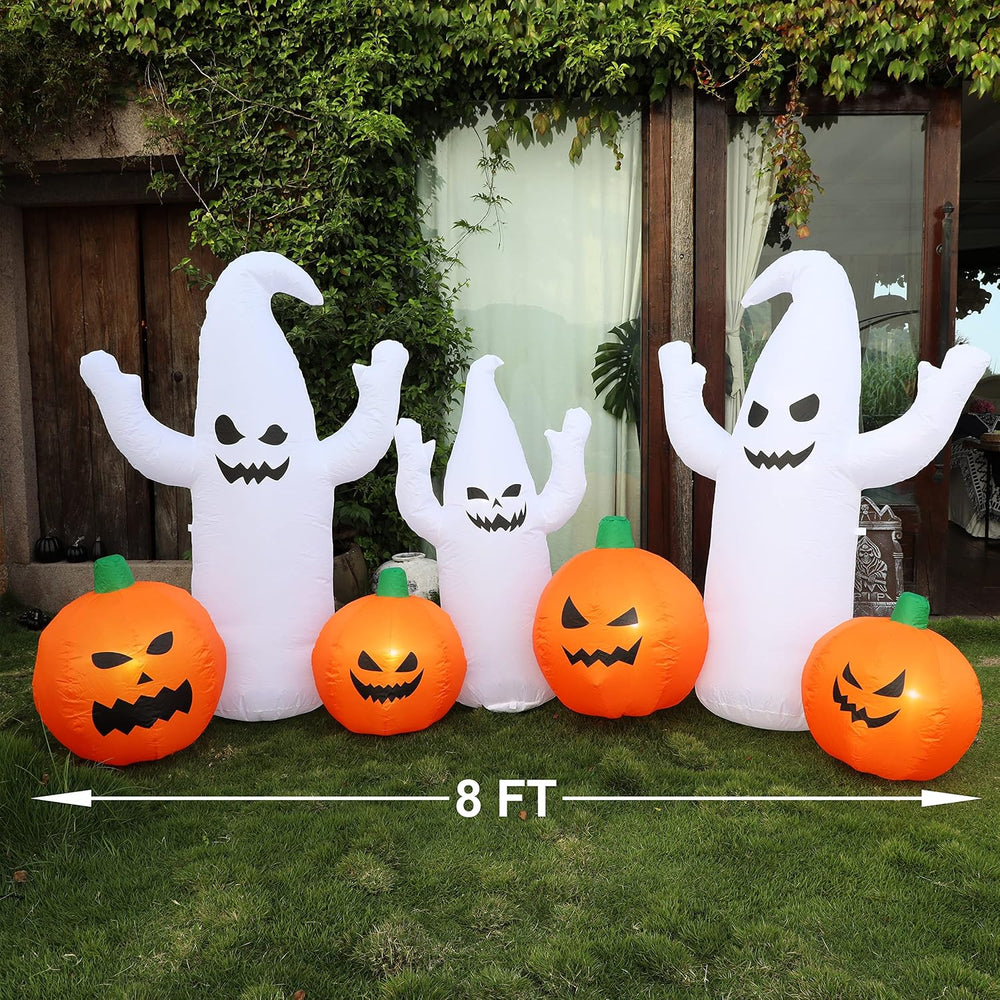 SAND MINE 8 FT Long Lighted Halloween Inflatable Ghosts with Pumpkins, Hallow...