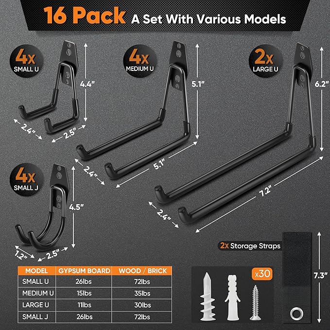 Nacial 16 Pack Garage Hooks Heavy Duty, Utility Steel Garage Storage Hook - Image 2