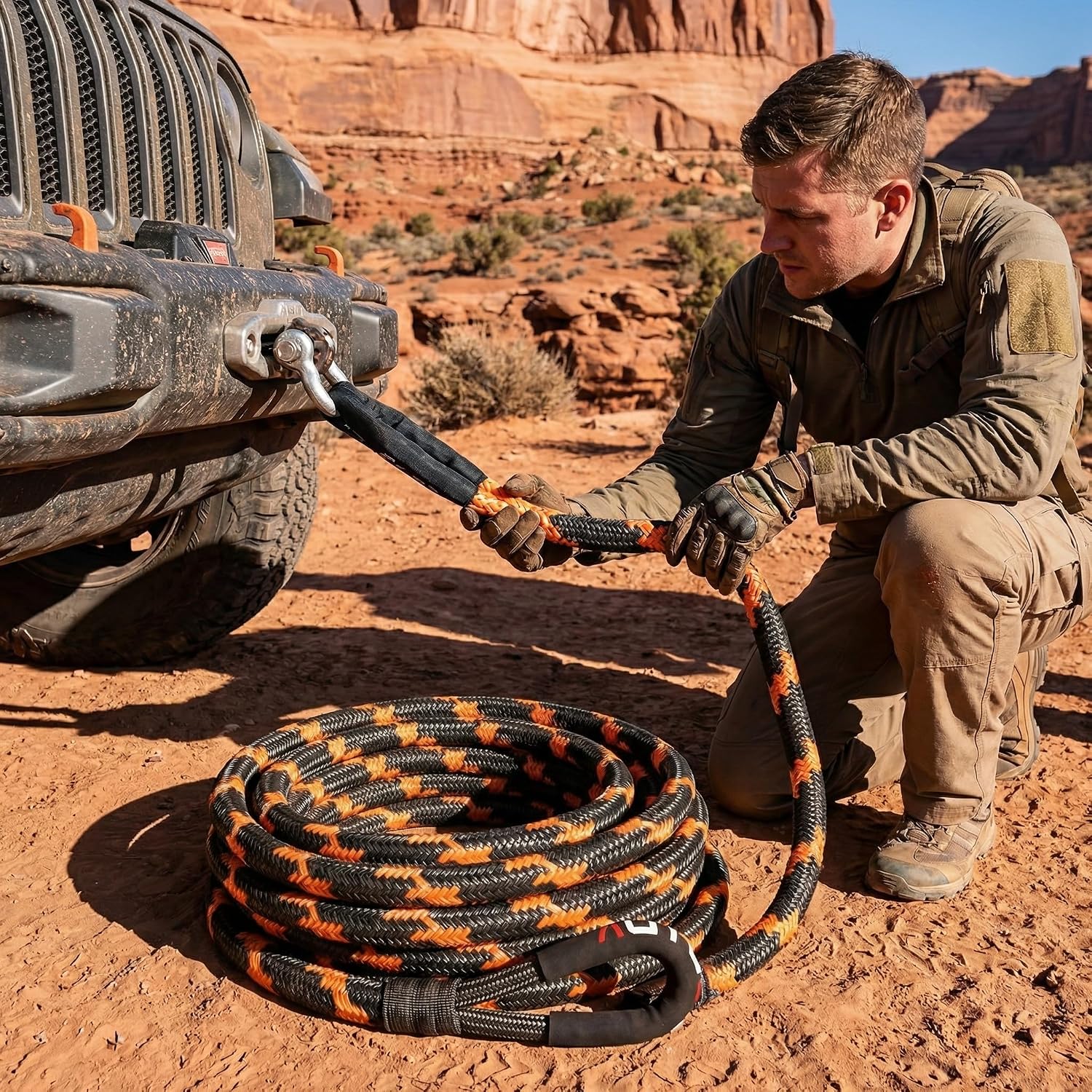 1-1/8" x 30' Kinetic Recovery Tow Rope (48,600lbs), with 2 Soft Shackles Offroad Recovery Kit for 4WD Pick Up Truck, SUV, ATV, UTV (Black&Orange)