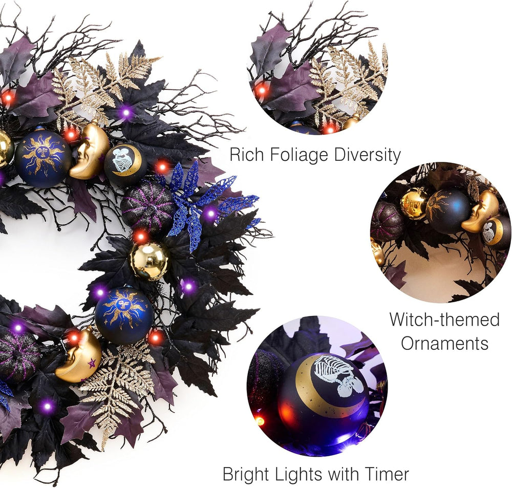 DecorbyHannah 24'' Pumpkins Halloween Wreath with Lights for Front Door