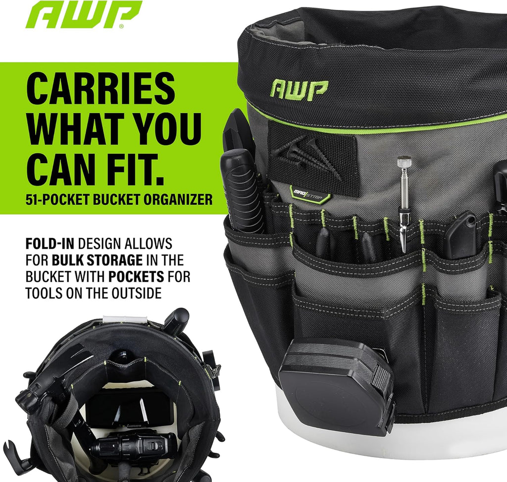 awp bucket tool organizer 51-pocket, utility tool bag, close-up detail