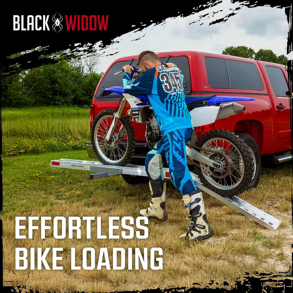 Black Widow Aluminum Dirt Bike Hitch Carrier with Ramp for Truck & SUV, 400-Pound Capacity - Non-Folding Motorcycle, eBike & Fat Tire Bike Hauler, Fits 2-Inch Class III/IV Receiver