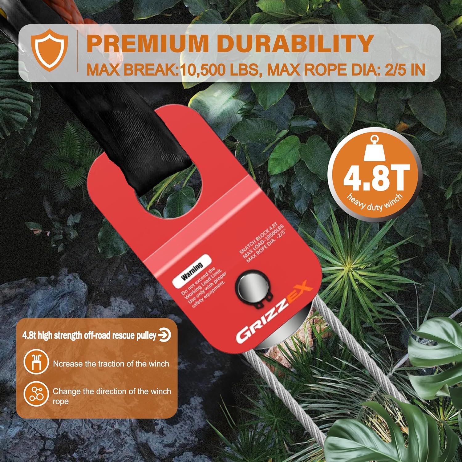 4.8T Heavy Duty Winch Snatch Block, 10,500 lbs Working Load, for Synthetic Rope or Steel Cable up to 2/5”, Off-Road Recovery Pulley, Red