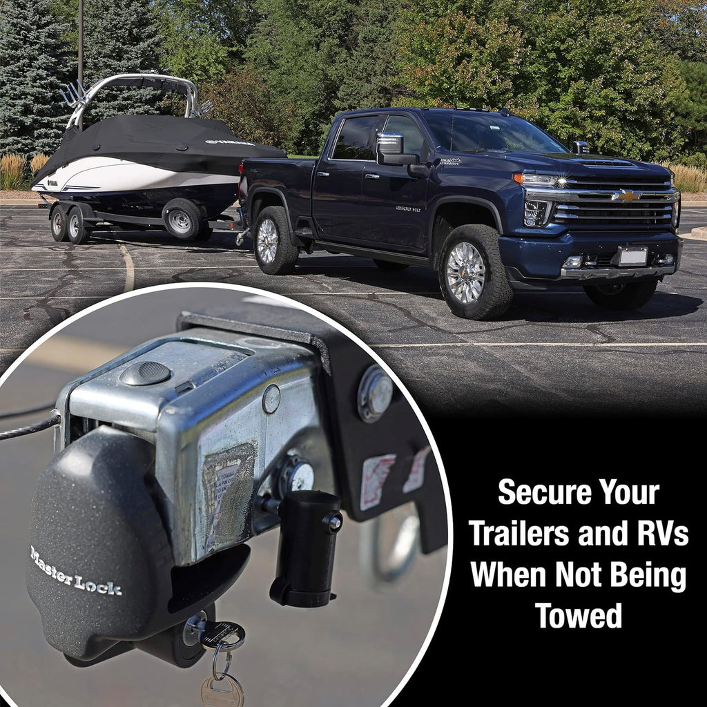 Master Lock Black Universal Size Trailer Hitch Lock, Trailer Coupler Lock for Securing RV’s, Horse Trailers, Tool Trailers and More, 379ATPY