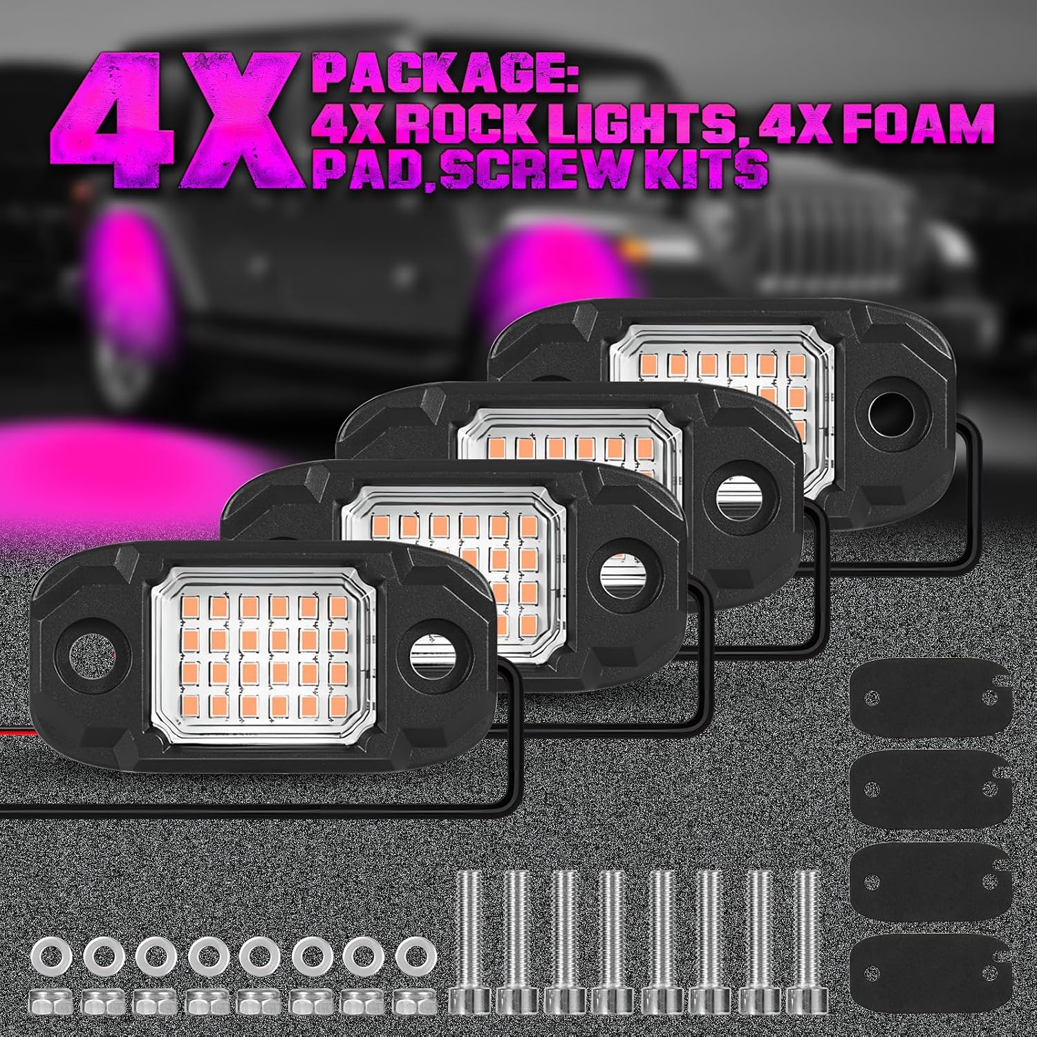 4 Pods Purple Rock Lights 24 LEDs Chips Waterproof Neon Trail Rig Lamp Underglow Light for Car Truck Motorcycle SUV ATV UTV