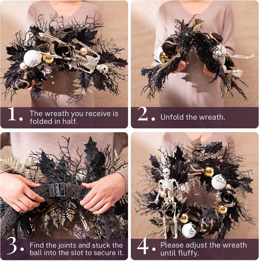 DecorbyHannah 24'' Skeleton Halloween Wreath with Lights for Front Door