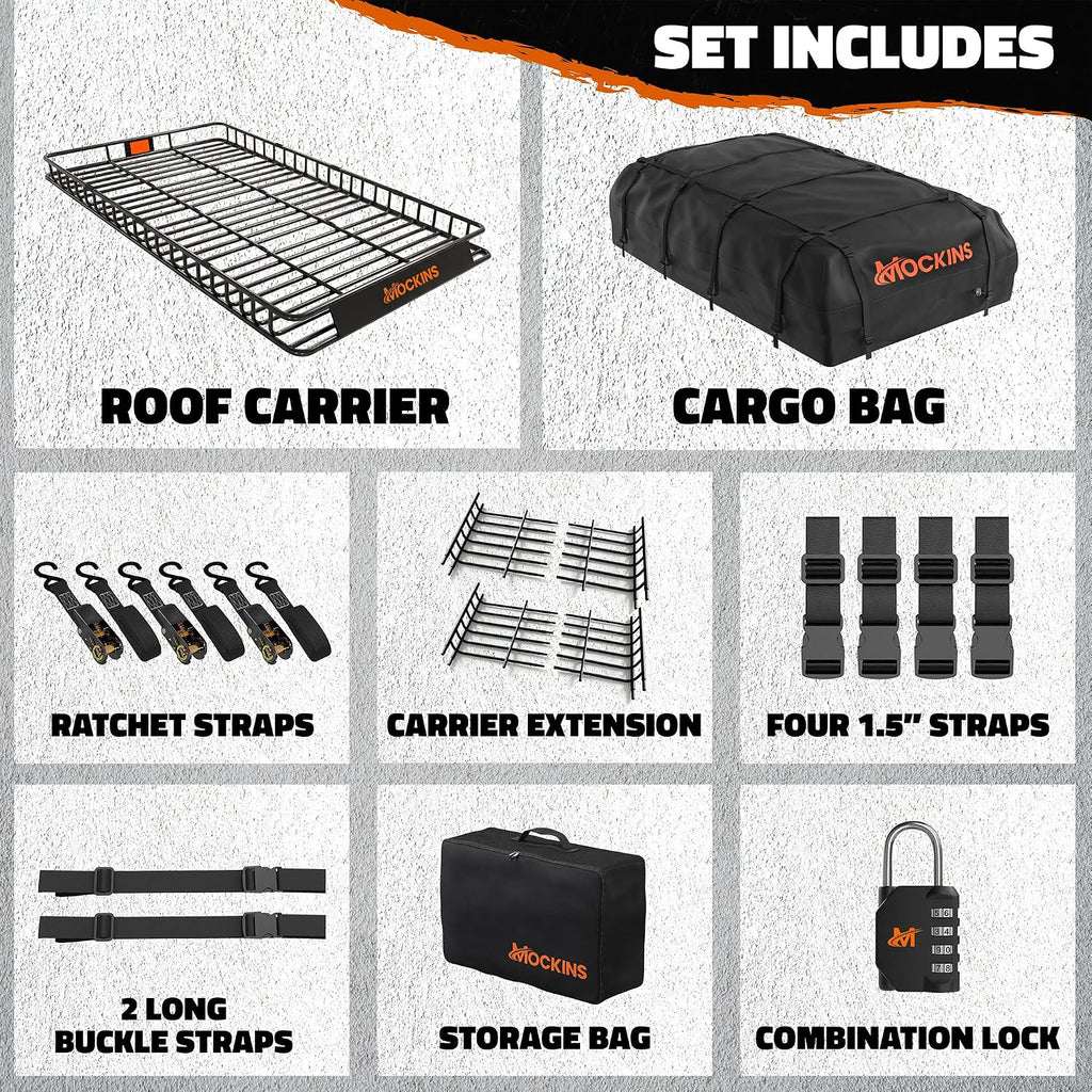 Mockins 90"x50"x5" XXL Heavy Duty Roof Rack Cargo Carrier w/ 250 Lbs. Cap | With 50 Cu Ft Waterproof Soft Vinyl Rooftop Cargo Bag | Roof Basket for SUV Car Truck RV & Van w/ Car Top Carrier Accessories