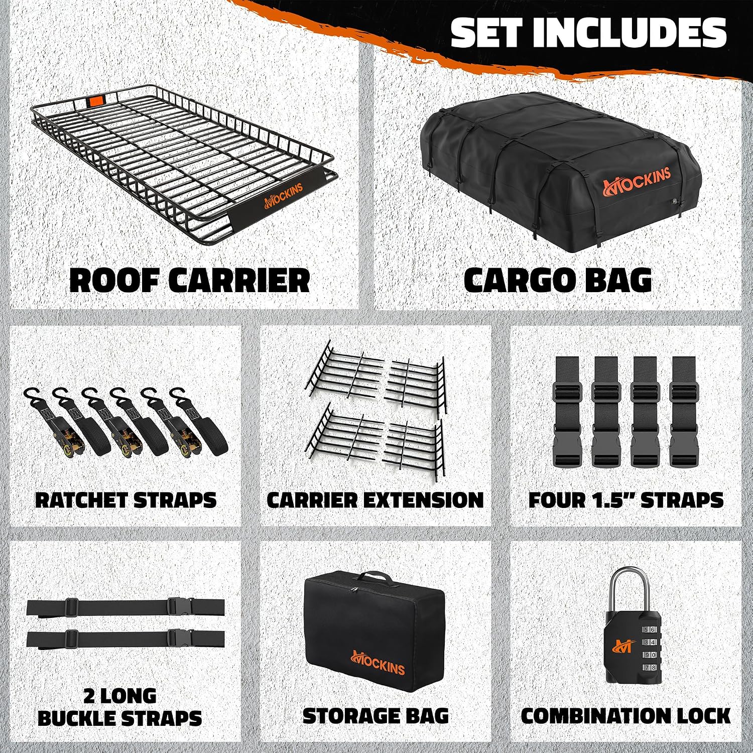Mockins 90"x50"x5" XXL Heavy Duty Roof Rack Cargo Carrier w/ 250 Lbs. Cap | With 50 Cu Ft Waterproof Soft Vinyl Rooftop Cargo Bag | Roof Basket for SUV Car Truck RV & Van w/ Car Top Carrier Accessories
