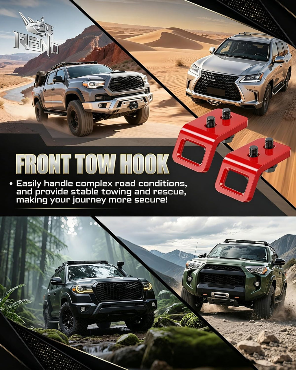 RENO 2024-2026 Tacoma Front Tow Hooks Truck Recovery Point (Red, 2 pcs) | 304 Stainless Steel, Replaces OEM 51960-A1010/PT974-35250, Fits All 2024-2026 Tacoma/Land Cruiser, 2025+ 4Runner Off-Road