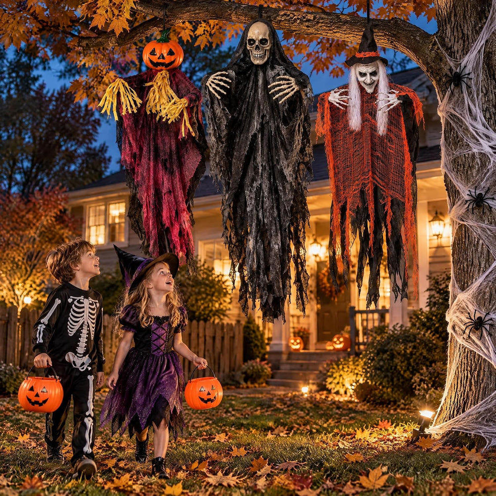 3 Pack Halloween Hanging Skeletons Witch Decorations Outdoor Indoor Decor