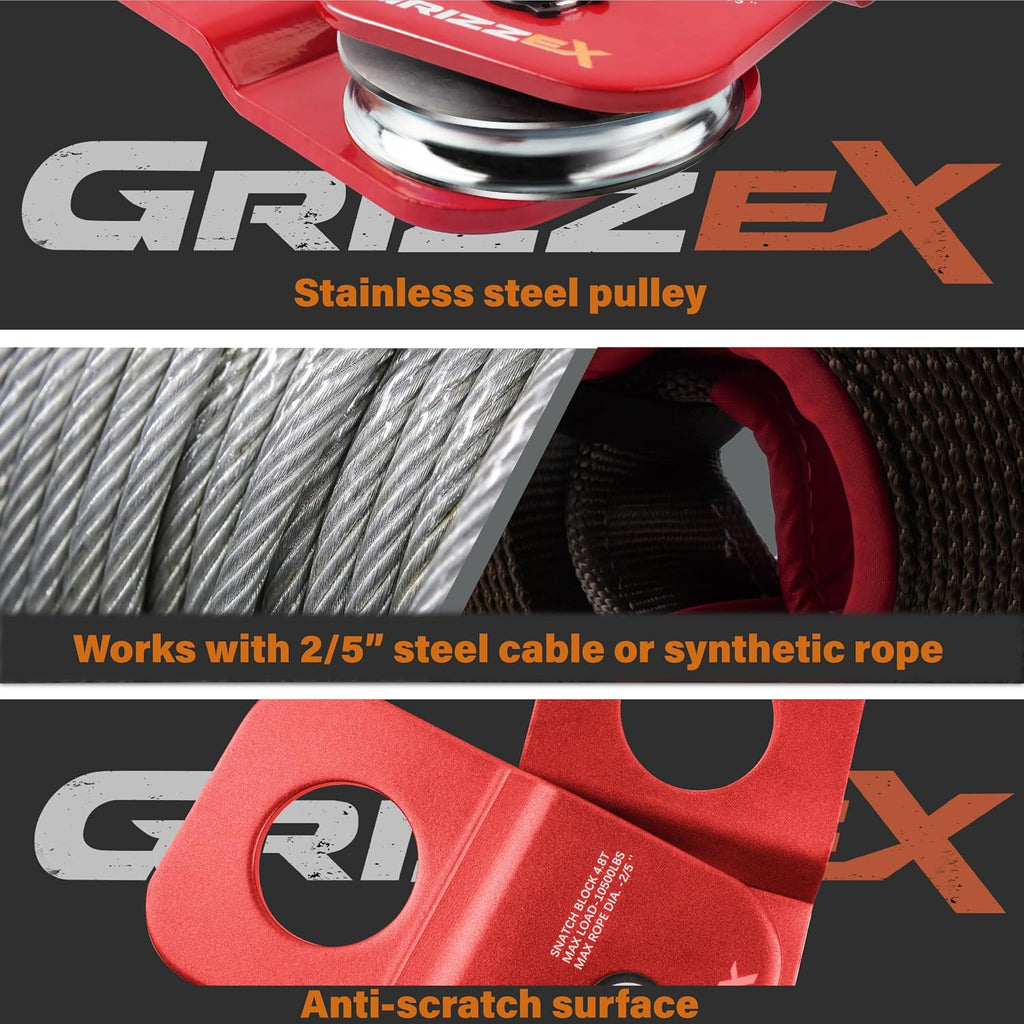 4.8T Heavy Duty Winch Snatch Block, 10,500 lbs Working Load, for Synthetic Rope or Steel Cable up to 2/5”, Off-Road Recovery Pulley, Red