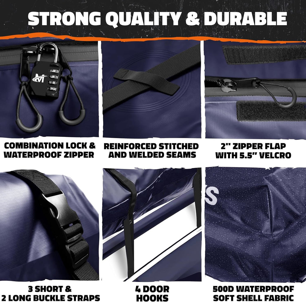 Mockins 30 Cu Ft Navy Blue Heavy Duty Rooftop Cargo Carrier Bag 60"x43"x20" | 840D Car Top Carrier Without Roof Rack | Waterproof Soft Roof Cargo Bag for Top of Car Storage w/Mat, Lock, Hooks & Straps