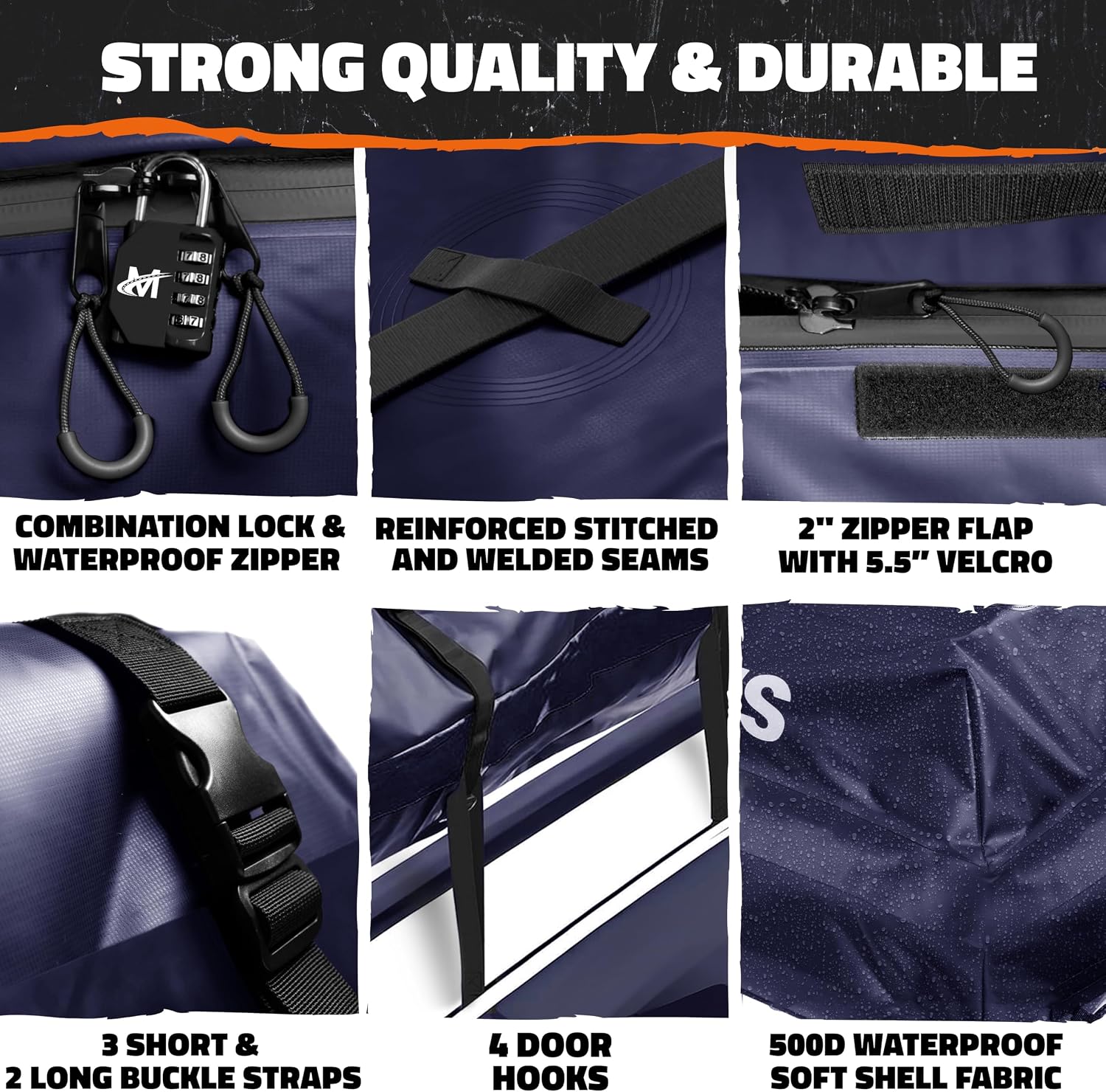 Mockins 30 Cu Ft Navy Blue Heavy Duty Rooftop Cargo Carrier Bag 60"x43"x20" | 840D Car Top Carrier Without Roof Rack | Waterproof Soft Roof Cargo Bag for Top of Car Storage w/Mat, Lock, Hooks & Straps