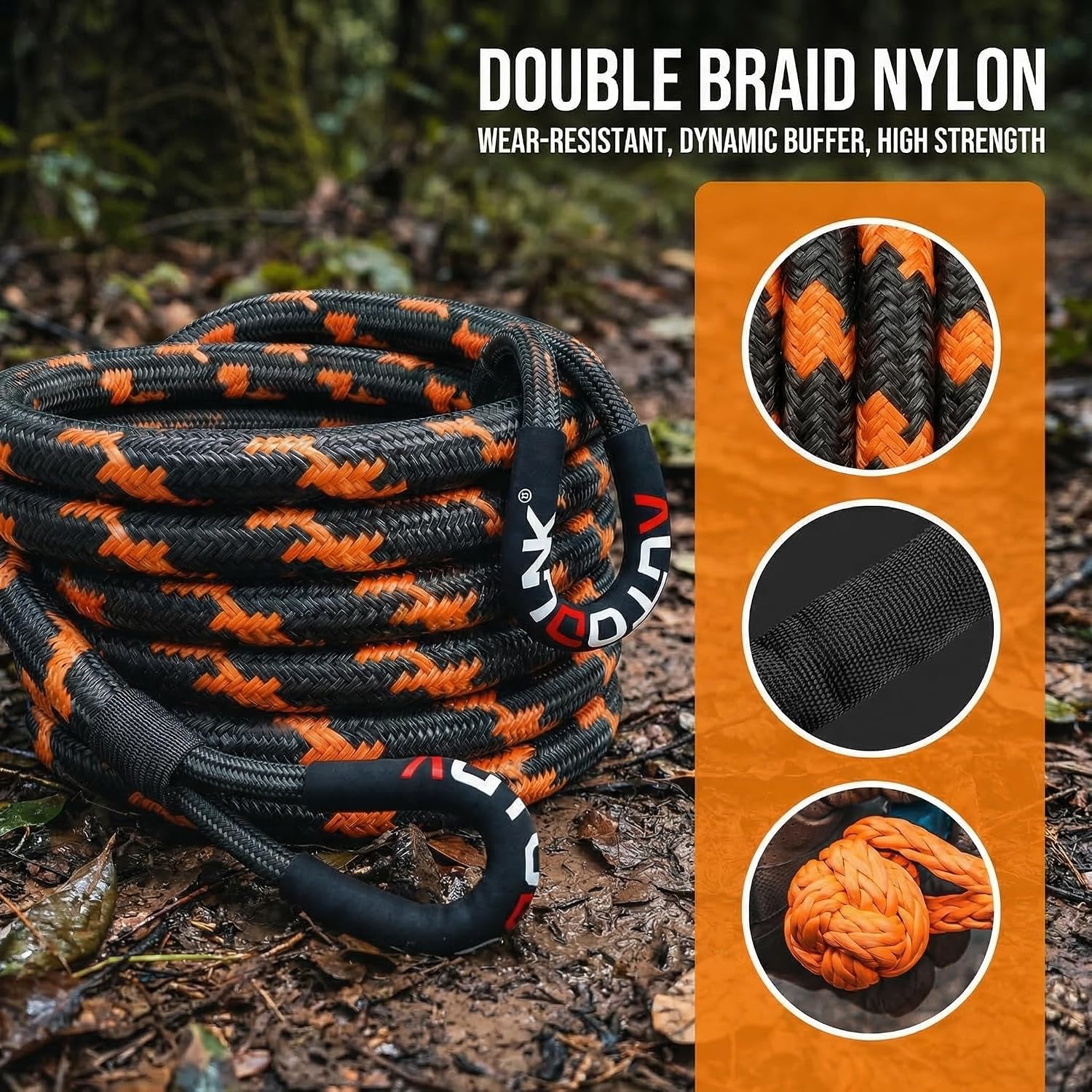 1-1/8" x 30' Kinetic Recovery Tow Rope (48,600lbs), with 2 Soft Shackles Offroad Recovery Kit for 4WD Pick Up Truck, SUV, ATV, UTV (Black&Orange)