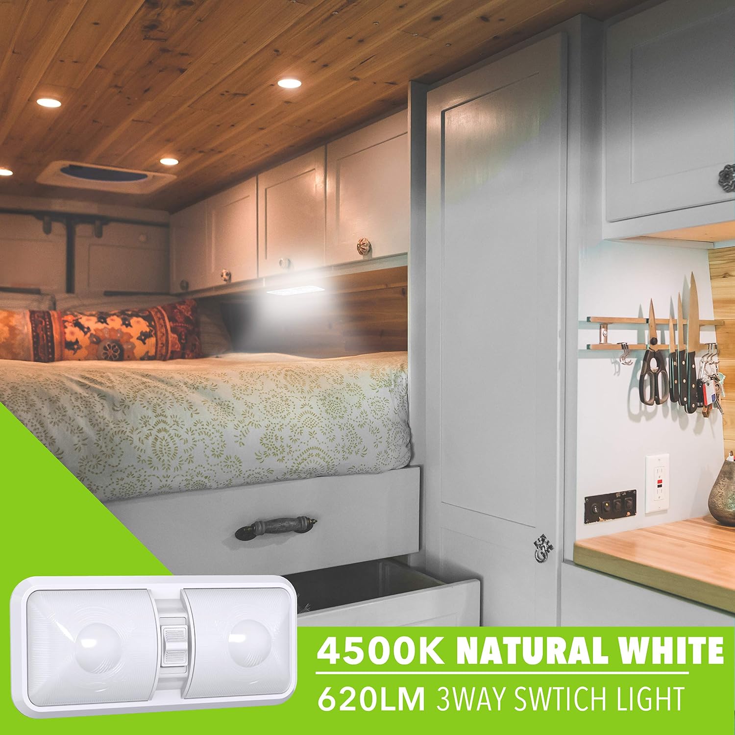 1 Pack RV LED Ceiling Double Dome Light Fixture with ON/Off Switch Interior Lighting for Car/RV/Trailer/Camper/Boat DC 12V 48X2835SMD (Frosted Lens Natural White 4000-4500K, 1-Pack)