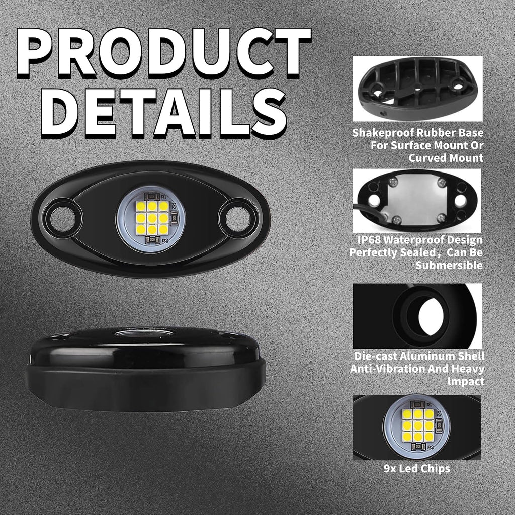 24 Pods White Led Rock Lights，Automotive General Under Body Neon Glow Led Pure Light Kit Ip68 Waterproof 3.8ft Extension Wires for Car Truck Boat Rv ATV Utv SUV RZR Motorcycle Trail Rig Lamp（White）