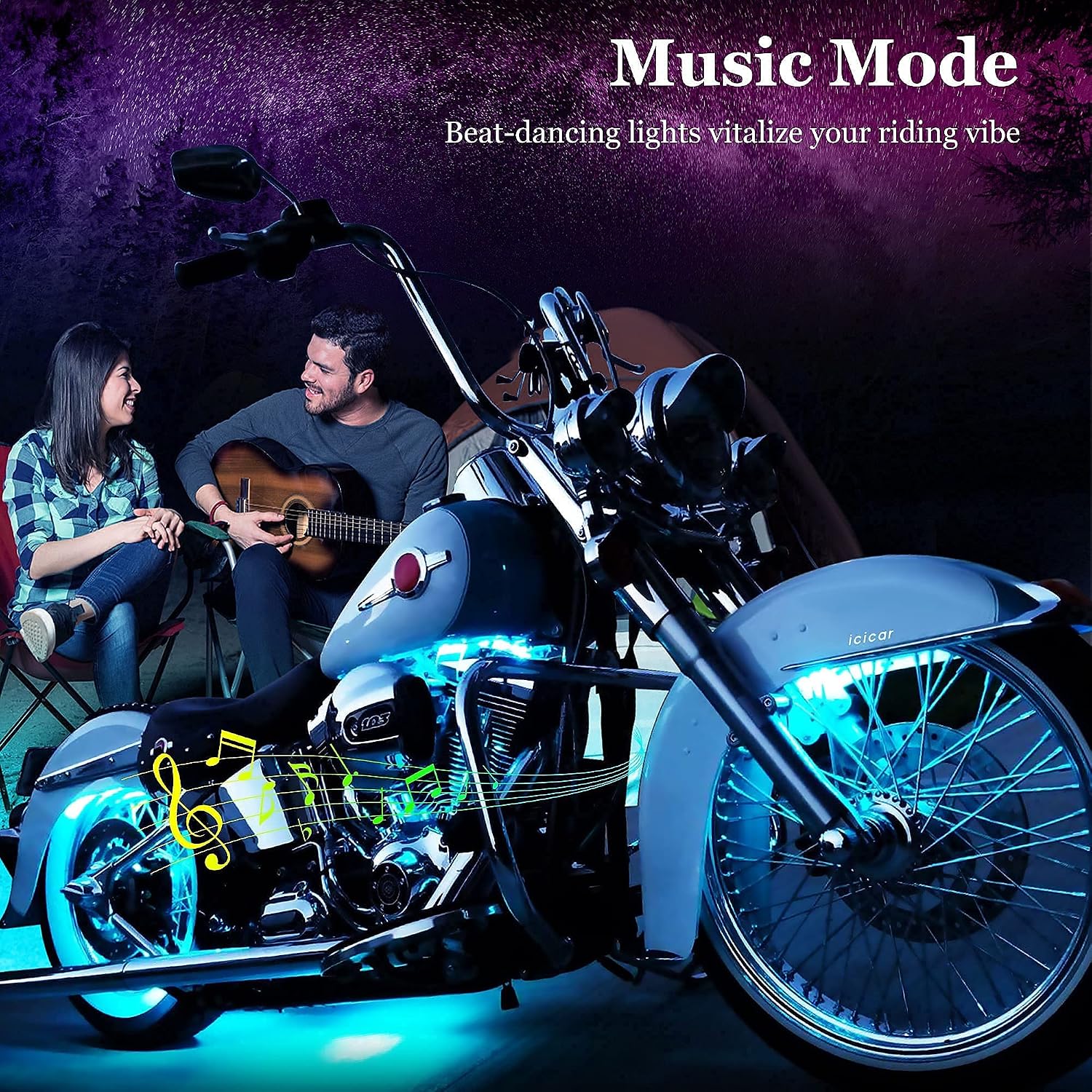 Motorcycle LED Underglow Kit, icicar 12 Pcs APP/RF Control Multicolor Motorcycle LED Light Kit with Brake Turn Signal, IP68 Waterproof & Music Sync Ambient Light for Motorcycles