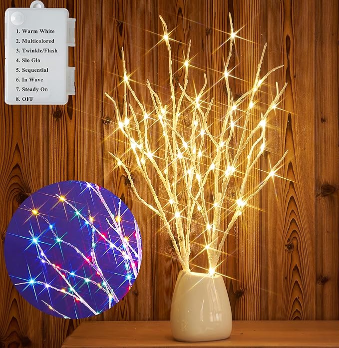 Hairui Lighted Birch Branches Battery Operated 70L 18IN Warm White and Multi Color Fairy Lights 8 Function for Halloween Home Christmas Decor