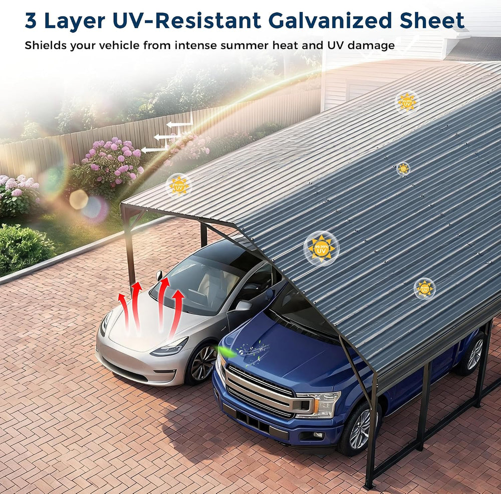 HOMSHADE 20x30FT Heavy Duty Metal Carport with 132°Steep Anti-Pooling Roof