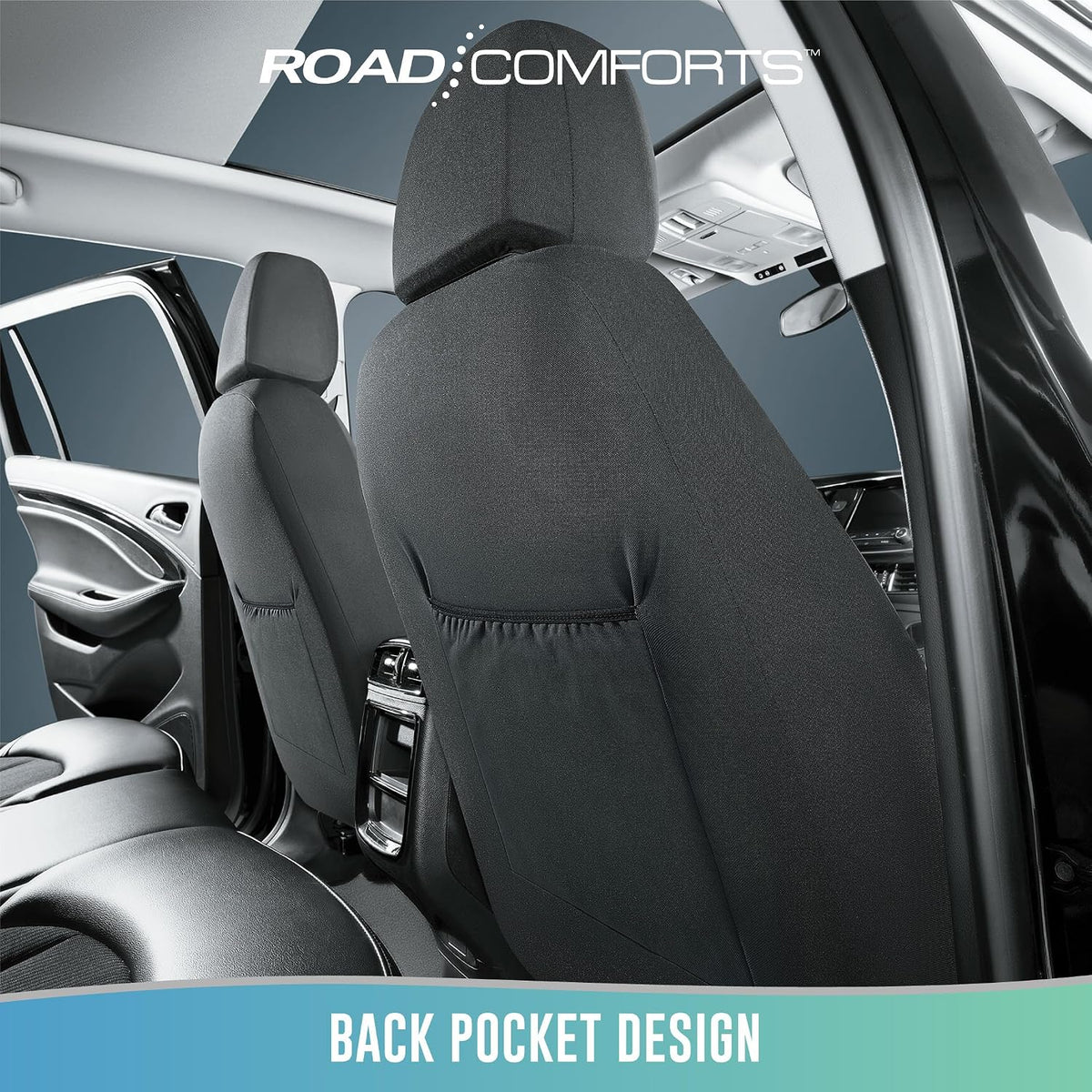 road comforts car seat cover, leather car seat, side view